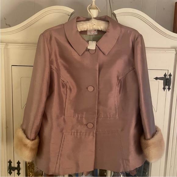 1950”s Elegant Pink Women's Silk Jacket with Real Mink Cuffs 14 NWT - Picture 1 of 4
